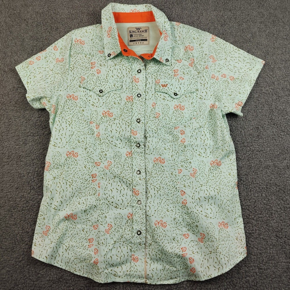 King Ranch Western Snap Shirt Womens Large Short Sleeve Cactus Camo Stretch EUC
